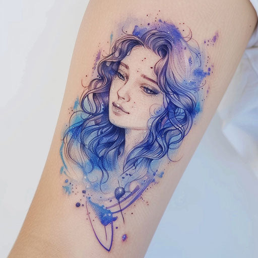 Ethereal tattoo sketch of Aphrodite with soft watercolor washes in celestial blues and purples