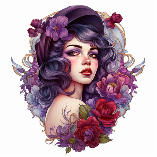 Tattooed girl with Art Nouveau floral motifs