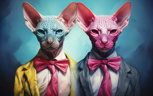 Hairless sphynx cats, light maroon and blue style, black and white realism
