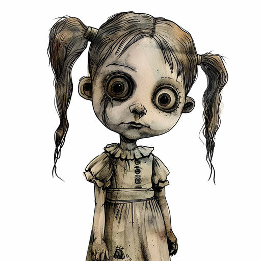 Creepy doll with empty eyes, horror tattoo design