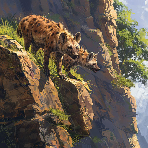 Hyenas on a cliffside, in the style of Marsel van Oosten