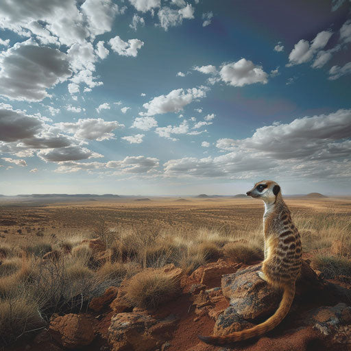 Aerial view of meerkat scanning horizon, unique angle, vast landscape