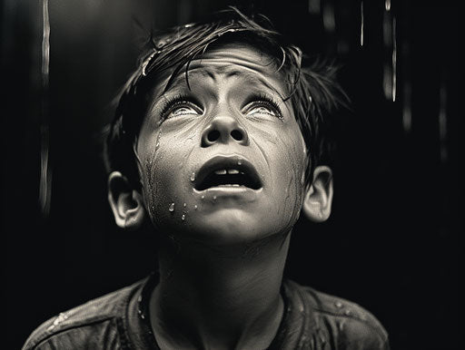 Young boy crying and looking up