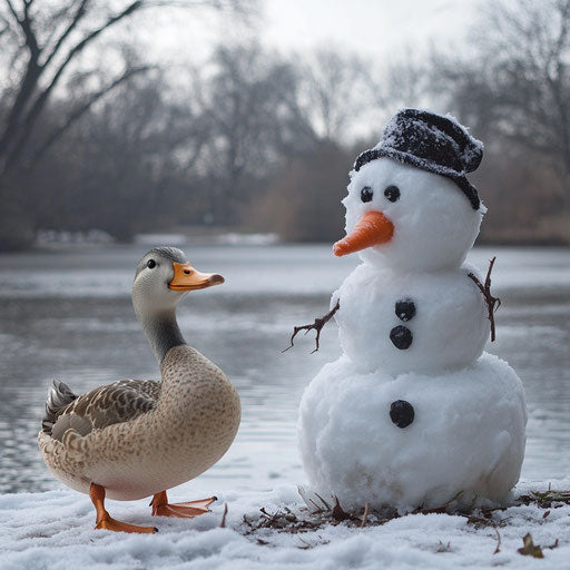 Snowman by a frozen pond, a carrot-nosed duck made of snow keeping him company.