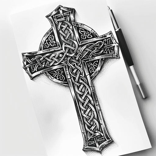 Intricate Celtic cross tattoo design against white background
