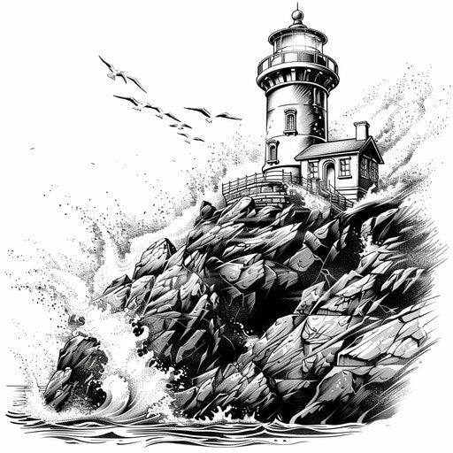 Sketch of a lighthouse on a rocky cliff, with crashing waves below, interpreted as a detailed black ink tattoo design, on a white background