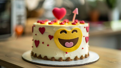 White cake with yellow and red emoji decorations