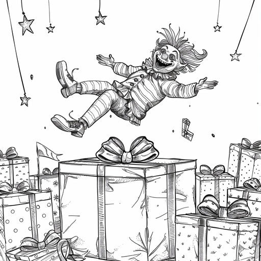 Whimsical clown jumping out of a big gift box