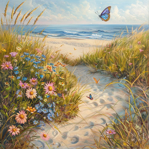 Xerces blue butterfly on wildflower by sandy beach