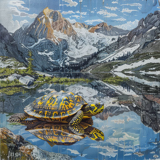 Yellow spotted turtle admiring its reflection in an alpine lake surrounded by snow-capped mountains