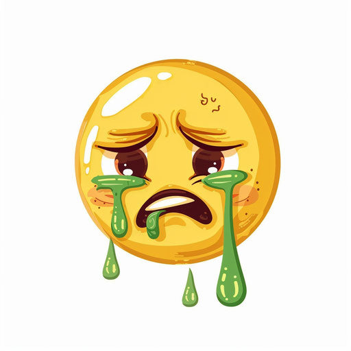 Yellow crying emoji with green tears on white background