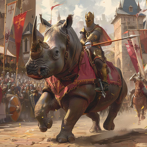 A noble knight rhino jousting in front of a medieval crowd
