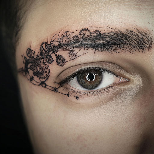Eyebrow tattoo with mechanical gears and steampunk details