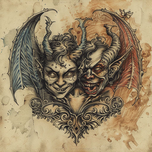 Flat gothic tattoo sketch of a brooding angel and a smiling devil