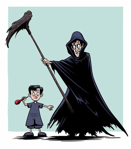 Black witch & scythe-carrying boy, witty cartoon style gesture