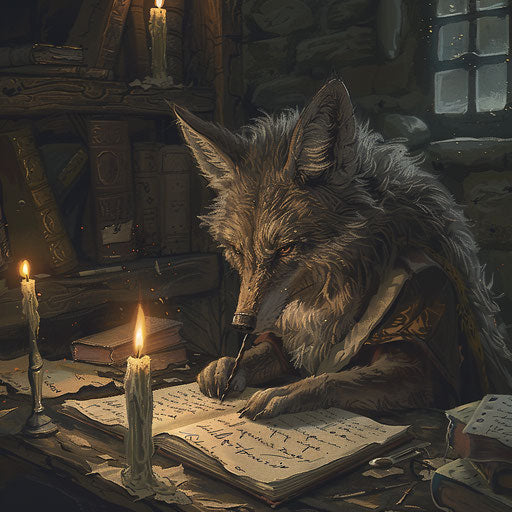 The coyote calligrapher crafting beautiful scripts by candlelight