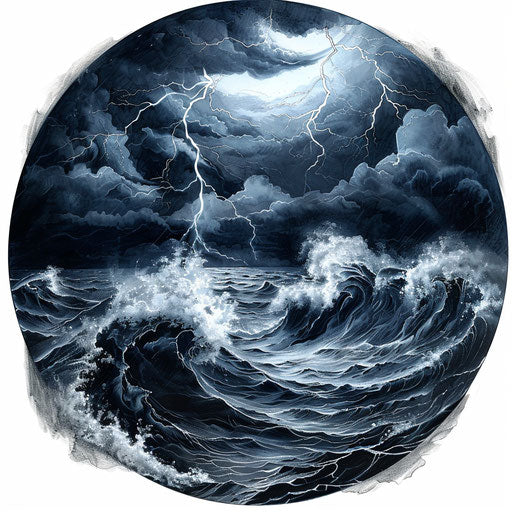 Dramatic sketch of a stormy sea tattoo with lightning
