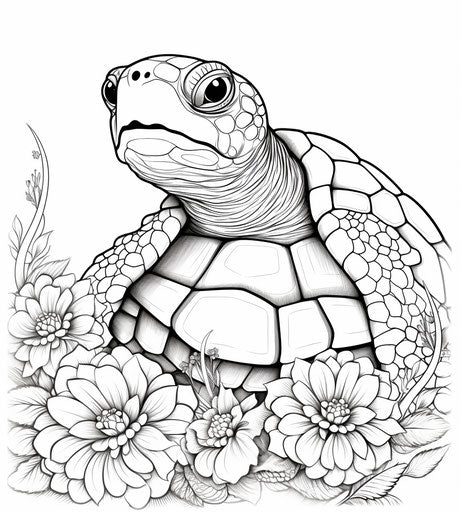 Adorable turtle coloring page with flowers and leaves
