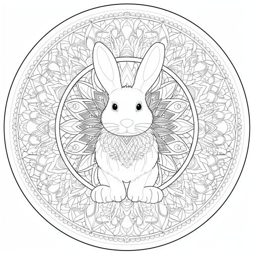 A detailed mandala with an intricate bunny in the center. Coloring book page