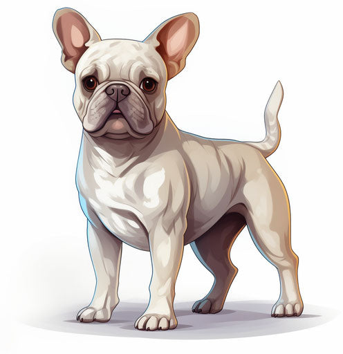 Cartoon French bulldog on white background, light gray and gold
