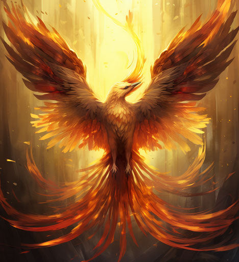 Majestic phoenix, wings spread, shiny red and gold
