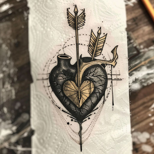 Tattoo sketch of a black heart pierced by a golden arrow