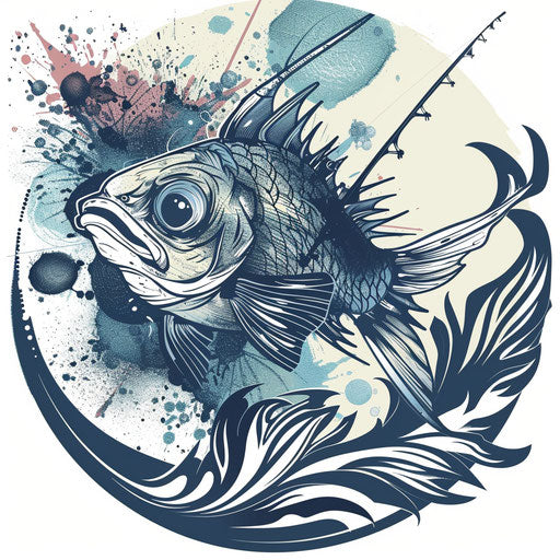 Deep sea fishing scene, abstractly tattooed abyssal fish