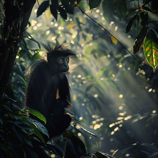 Spider monkey illuminated by dappled sunlight through trees