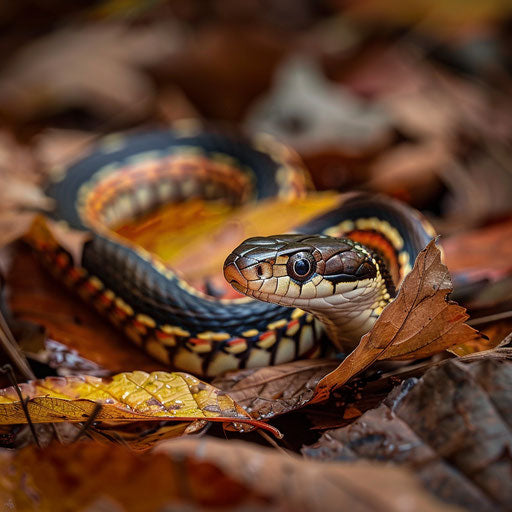 Playful ribbon snake among fallen leaves