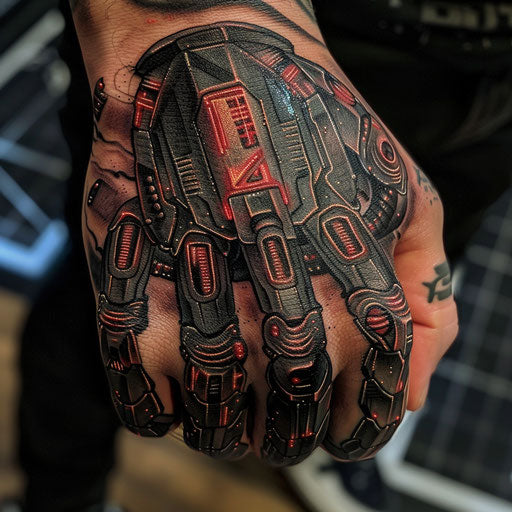 Knuckle tattoos with a cyberpunk theme
