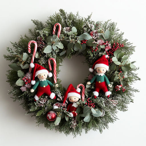 Whimsical wreath with small stuffed elves and candy canes