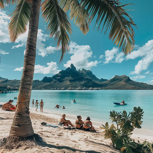 Bora Bora beach with families enjoying the sun and sea
