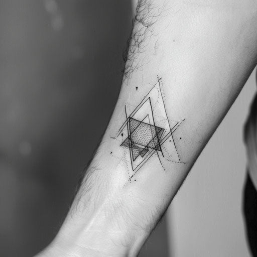 Minimalist geometric tattoo artwork with interlocking triangles and hexagons