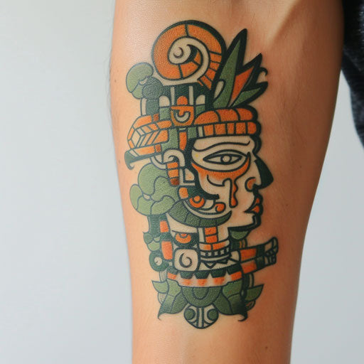 Mayan god tattoo: green and orange on white surface