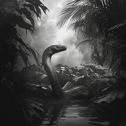Titanoboa in a poetic black and white jungle scene