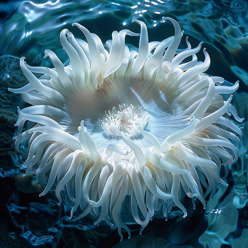 Sea anemone in clear, icy blue water, Tim Flach style