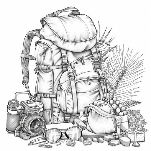 Traveler's backpack with souvenirs and travel gear