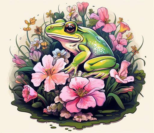 Green frog with flowers, tattoo-inspired style, hyper-realistic animal illustration