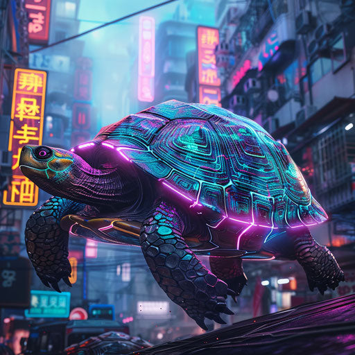 Cybernetic turtle in a futuristic cityscape