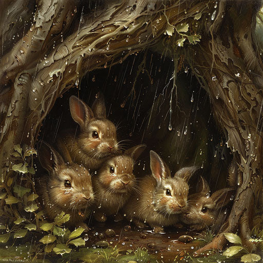 Bunnies tucked in a cozy burrow during a rainstorm