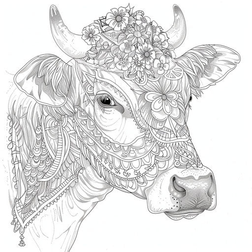 Cow adorned with geometric tribal designs. Coloring book page