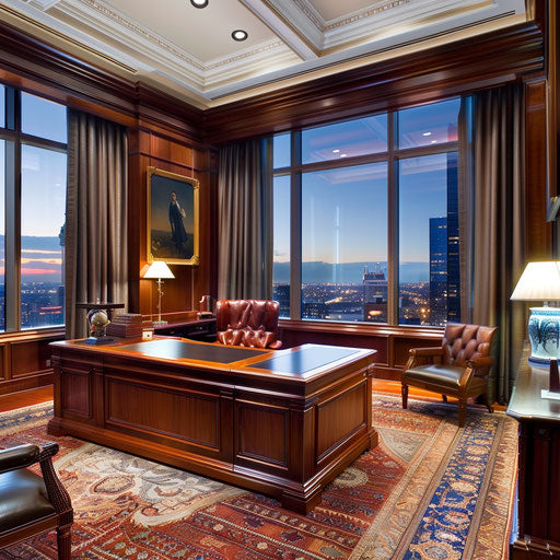 Luxurious executive office with mahogany furniture and floor-to-ceiling windows