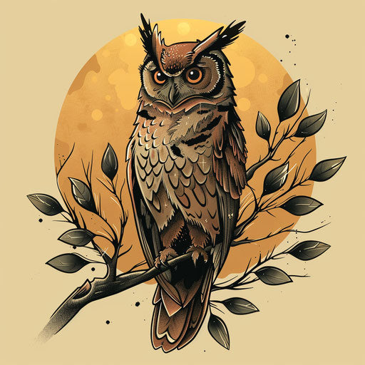 Owl on a branch in clipart style, flat tattoo sketch