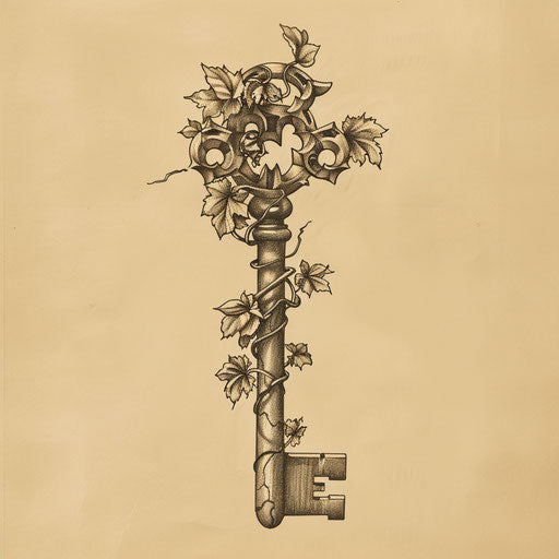 Artistic tattoo sketch of an antique key entwined with ivy, rendered in earth tones