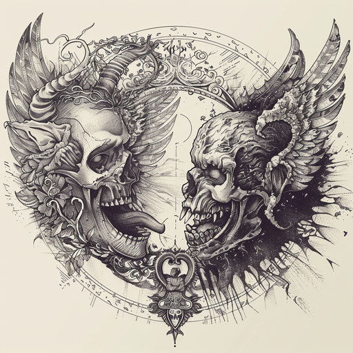 Flat Gothic tattoo sketch of a brooding angel and a smiling devil