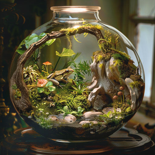 Adventurous frog exploring the delicate ecosystem of a terrarium