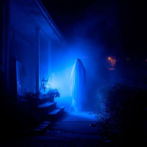 Dark, eerie atmosphere with a bright blue ghost glow