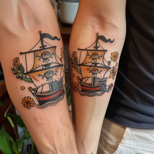 Matching tattoos for friends of a pirate ship, Sailor Jerry style