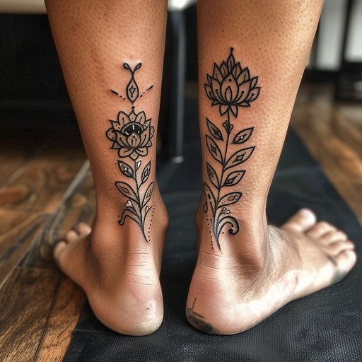 Mother and daughter tribal flower tattoos, Humberto Ramos style, ankle
