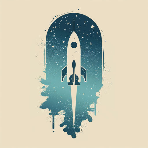 Rocket silhouette on starry sky, minimalist design